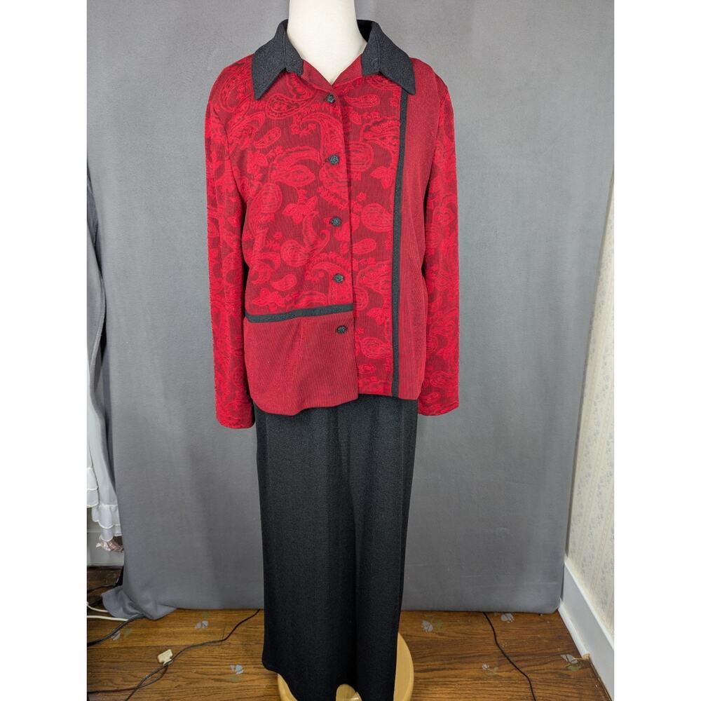 Coldwater Creek 2 Pc Maxi Dress & Jacket Slinky Size 16 Red Black Made in USA